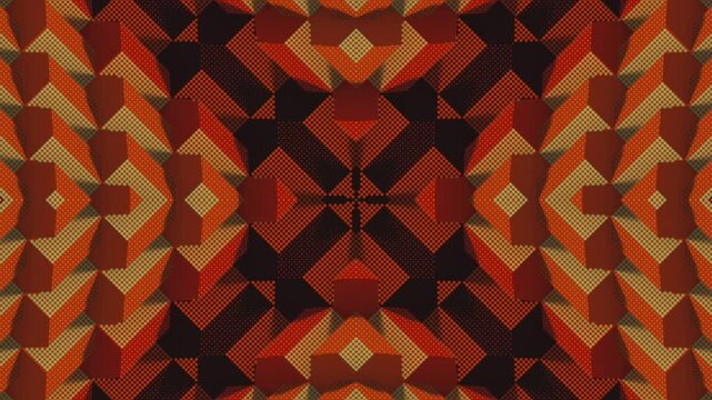 Retro 3D animation of a kaleidoscopic pattern in warm, autumn tones. A hypnotic, ethnic ornament with a dotted texture for VJ loops and cultural projects