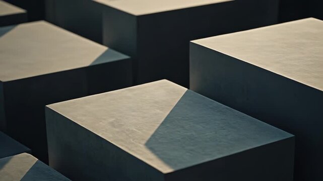 Dark gray concrete blocks with sharp edges and sunlit surfaces creating a striking geometric pattern, emphasizing contrast and architectural design in an abstract composition