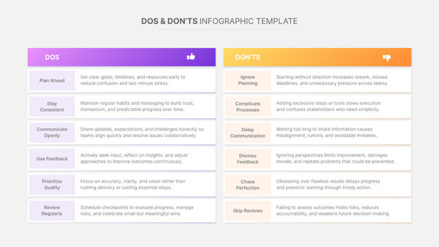Dos and Don'ts, Pros and Cons Infographic Template with List Layout