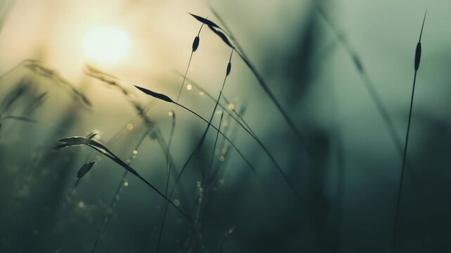Wild grass blades lit by warm sunrise, dew drops sparkling like jewels in soft bokeh, capturing peaceful morning freshness and serene golden hour detail in nature