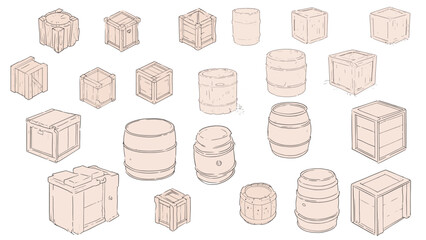 Game-ready isometric barrel, crate, chest vector set, video game-ready illustrations sketch drawing style
