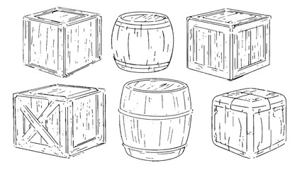 Game-ready isometric barrel, crate, chest vector set, video game-ready illustrations sketch drawing style