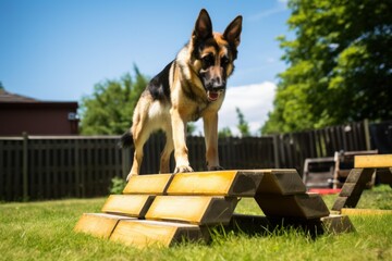 Obraz premium German shepherd standing on wooden agility equipment during outdoor training