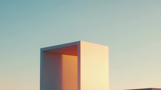 Abstract geometric forms are creating a minimalist architecture scene, focusing on the interplay of light and shadow during golden hour with a clear sky background
