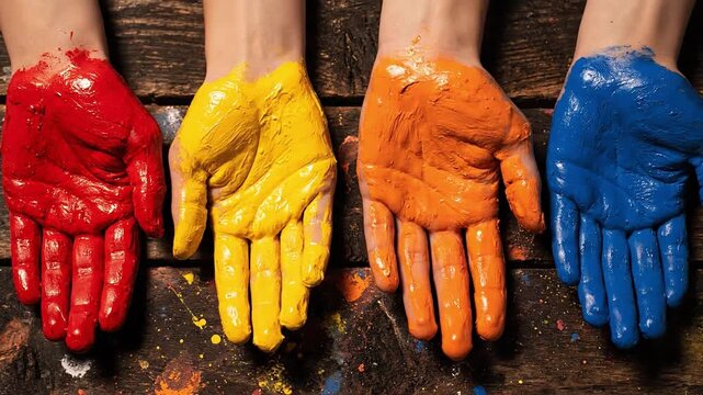 Four hands with palms facing upwards, each painted a different color, representing zero discrimination and awareness, in a campaign for equality and unity on a wooden background.