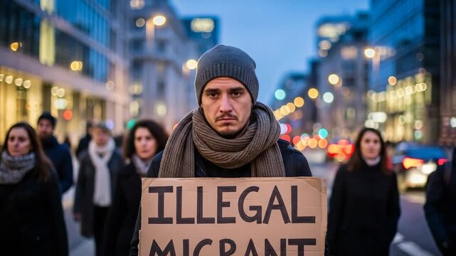 Sad adult male refugee holding an illegal migrant sign on a city street at dusk. Conceptual banner for social issues like the immigration crisis and human rights protest