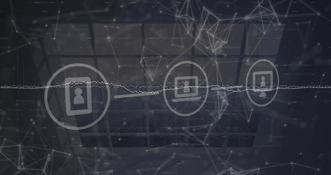 Digital icons and network of connections against view of cityscape from office window