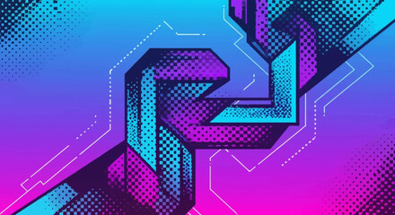 Futuristic design featuring vibrant colors, geometric shapes, and halftone patterns blending for
