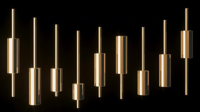 Gold price trading chart loop. 3D animation of golden Japanese candlesticks visualizing market trends, rising value, and falling rates. Loopable financial background.