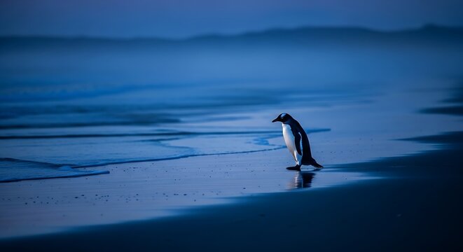 Lonely penguin standing on serene beach at dusk with calm waves