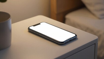 Modern Nightstand Setup. A smartphone resting on a bedside table beside a plant and a cozy bed.