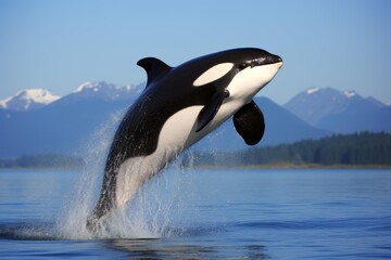 Fototapeta premium Killer whale leaps from calm sea water with mountains in background