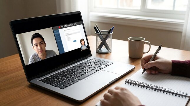 Person taking online exam with laptop at home. Student learning remotely with proctoring software for educational assessment concept.