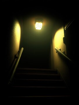 Eerie Stairway Lit by a Single Light: Mystery and Intrigue Abound in Shadows