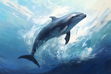 Obraz premium Dolphin swimming gracefully through clear blue water, a beautiful marine life illustration