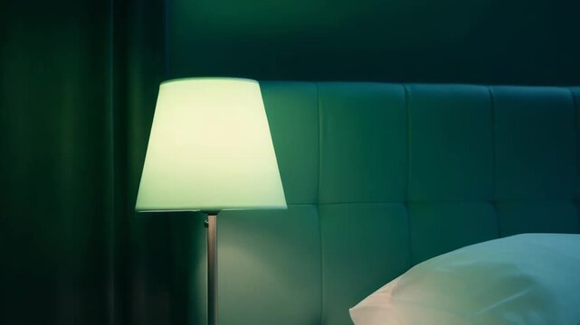 Soft bedside lamp light creates a peaceful, private hotel bedroom scene with a headboard and pillow, while floating green digital code and projections add a modern, techy touch