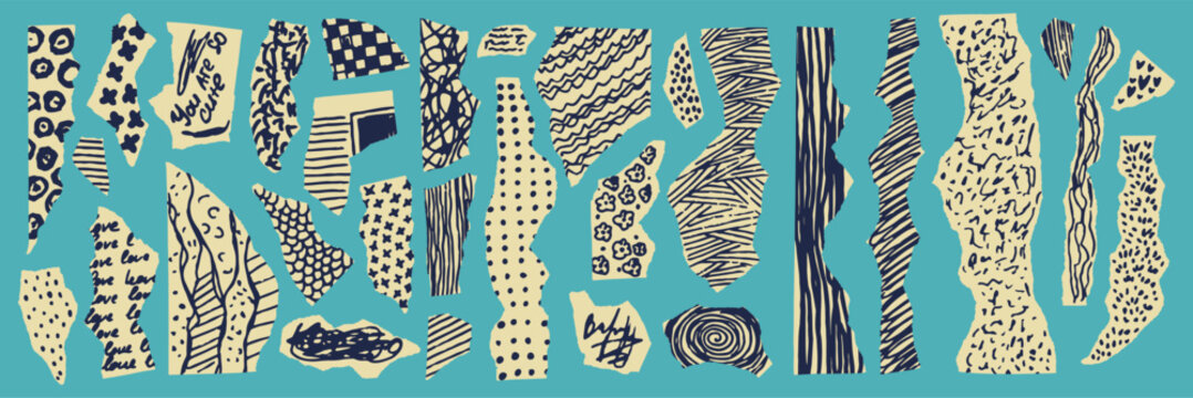 Ripped paper fragments with drawn doodle pattern. Retro scrap paper with textured scrible. Damaged page cutout background