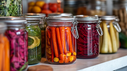 Colorful Jars of Pickled Vegetables on Display