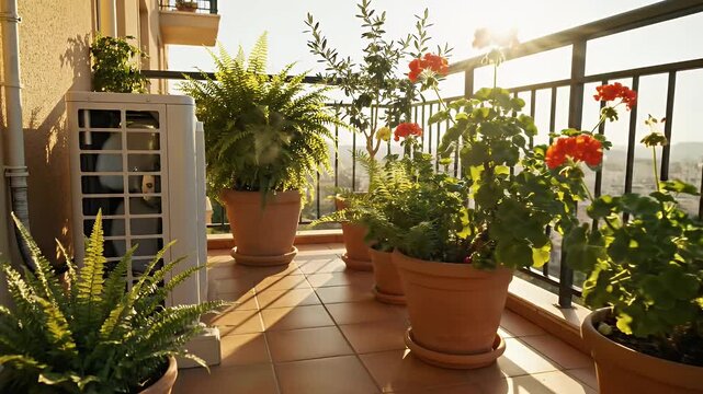 Apartment Balcony with Air Conditioner and Plants - An outdoor air conditioning unit sits on a tiled balcony among several potted plants, with orange geraniums and ferns visible.