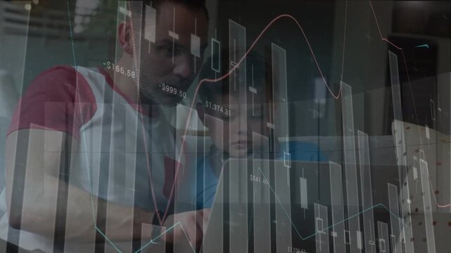 Animation of data processing over caucasian father and son using laptop