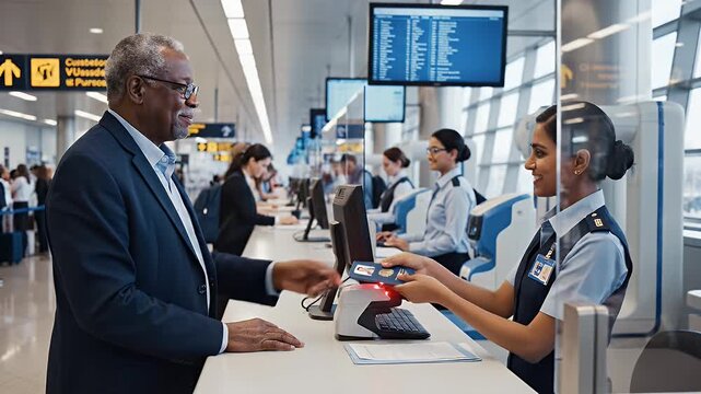 Airport Security Checkpoint with Traveler - A mature Black man in a suit is at an airport security checkpoint, interacting with a smiling, young Asian agent in uniform.