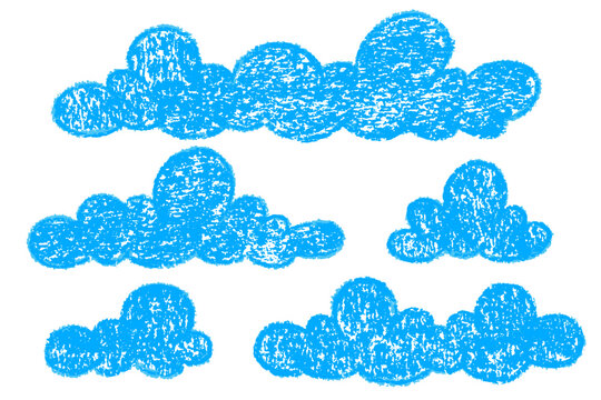 Hand-drawn cloud doodles with soft crayon texture for kids designs, nursery decor or playful sky-themed illustrations with pastel pen. Vector elements on white background
