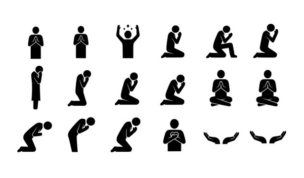 Minimal praying people silhouette icons worship vector set