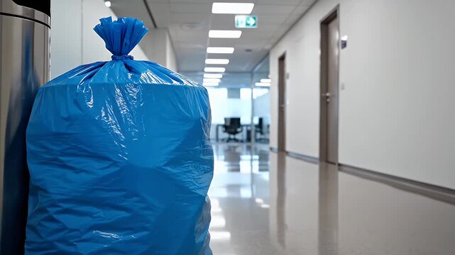 Blue Trash Bag in Hospital Hallway - A blue plastic trash bag sits next to a metal trash can in a clean, bright hospital hallway.