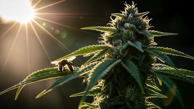 A honey bee on a flowering cannabis plant backlit by the warm evening sun. Macro detail of a mature marijuana bud with trichomes glowing in the golden hour light