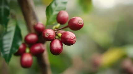 Obraz premium Close-up of ripe red berries growing on a branch, with green leaves in soft focus