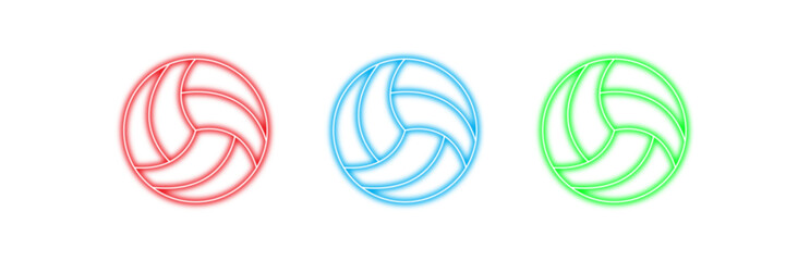 Multiple variants of vibrant neon volleyball icons, featuring glowing red, blue, and green outlines, isolated on transparent background for sports, games, and modern digital interface designs. © MDARIFUL