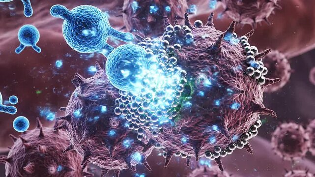 Immune Cells Attacking Virus - A 3D video showing immune cells attacking a virus. The immune cells are blue and the virus is brown with spike-like protrusions.