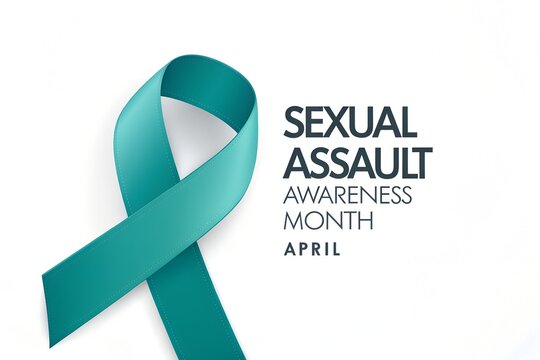 Teal awareness ribbon prominently displayed beside bold text recognizing april as sexual assault awareness month promoting solidarity and support for survivors everywhere