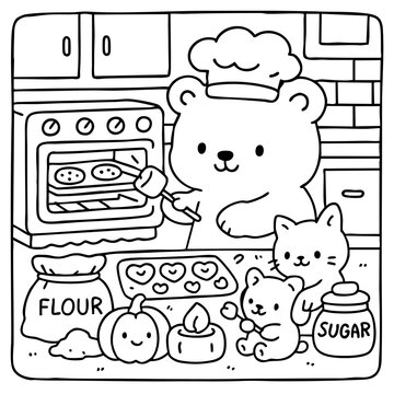 A cute bear baker prepares cookies in a whimsical kitchen, surrounded by adorable animal friends and baking ingredients like flour and sugar.