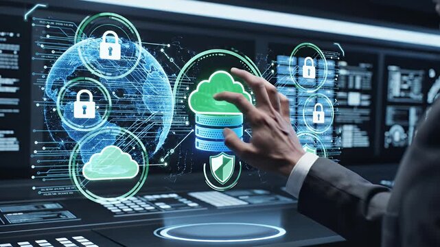 Secure Cloud Data Management System - This video shows a man's hand interacting with a holographic interface displaying a cloud database, a globe, and security padlocks.