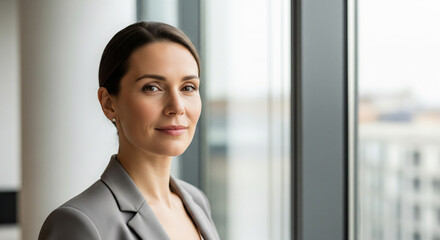 Professional woman in a modern office setting viewed from a slight angle near a large window