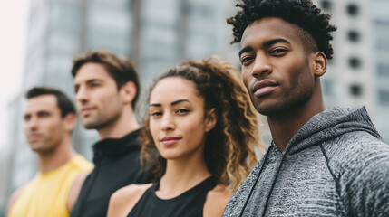 Fototapeta premium A powerful portrait of a diverse group of athletic young friends in their 20s standing confidently against a blurred urban background, representing fitness, friendship, and city lifestyle.