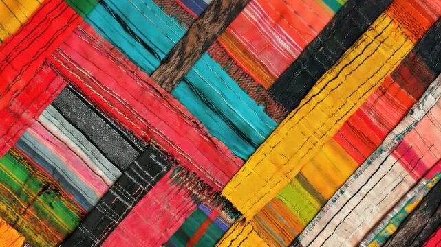 A vibrant patchwork of colorful textiles, arranged in diagonal stripes