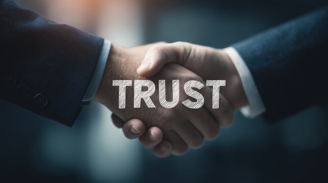 Businessmen shaking hands with the word TRUST written on their hands