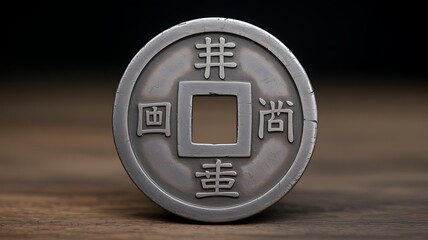 Vintage Chinese Coin with Intricate Characters and Square Center Hole Photo