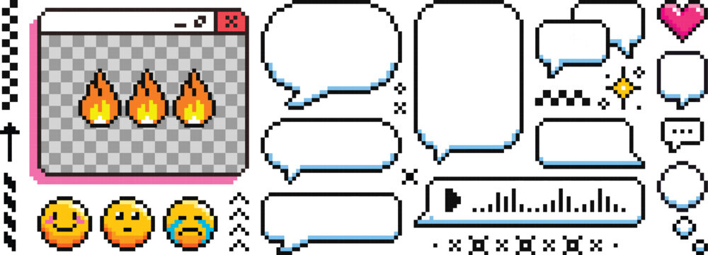 Pixel chat interface speech bubbles emoji ui elements collection vector