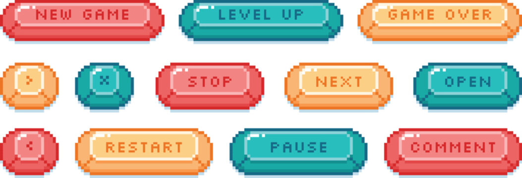 Retro pixel game buttons ui menu navigation elements set vector