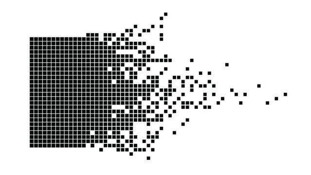 Abstract black square dissolving or dispersing into smaller pixelated particles on a clean white background vector illustration.
