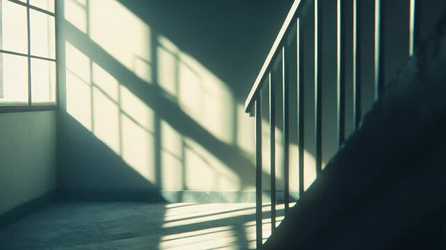 Sunlight beams stream through a window, casting distinct grid patterns and dramatic shadows on a bare wall, textured floor, and the railing of a wooden staircase in a quiet architectural interior