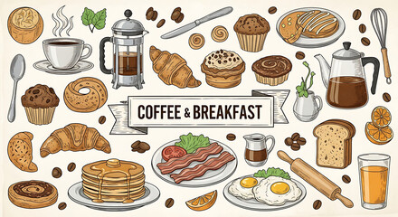 Assorted breakfast items and coffee Whisk_04175a6147a14dc8b6746eba3cbb42e7dr.png collage with pastries, pancakes, and beverages arranged artistically