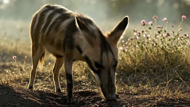 Aardwolf Sniffing the Ground at Golden Hour in African Savannah