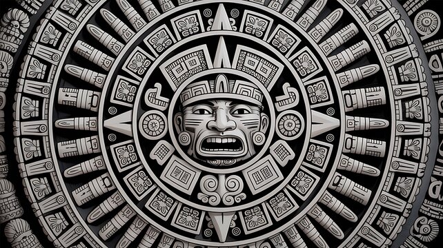 Circular Aztec calendar with symmetrical patterns and iconic imagery illustration