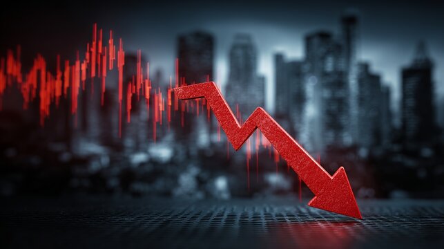 A red arrow pointing downward in front of a city skyline with a declining graph in the background