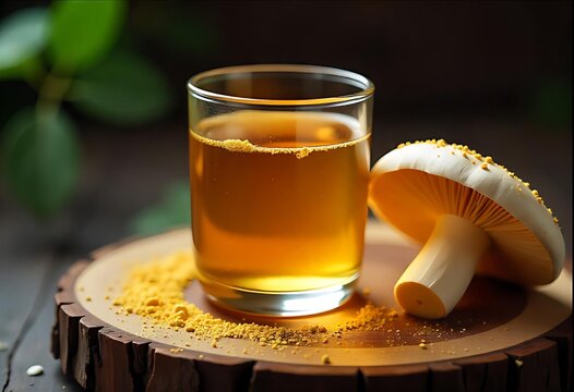 luxury adaptogenic mushroom elixir glowing warm gold in a clear glass, placed on rough wood, surrounded by medicinal mushrooms and powdered botanical blends, holistic wellness theme