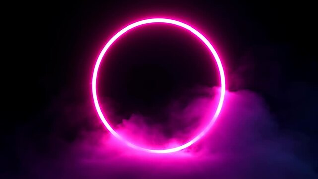 Luminous pink neon ring glowing in the dark and surrounded by surreal purple smoke
